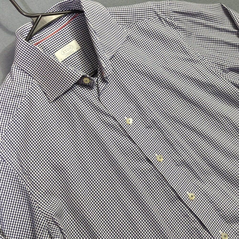 Eton Shirt Men's 16.5 42 Blue Check Contemporary Cotton Long Sleeve Button Up